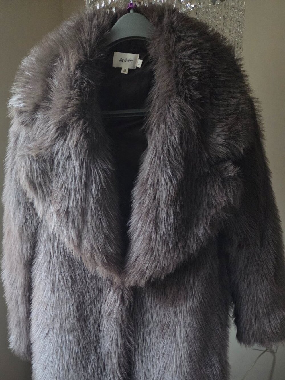 The Frolic full-length, notched collar, faux fur coat